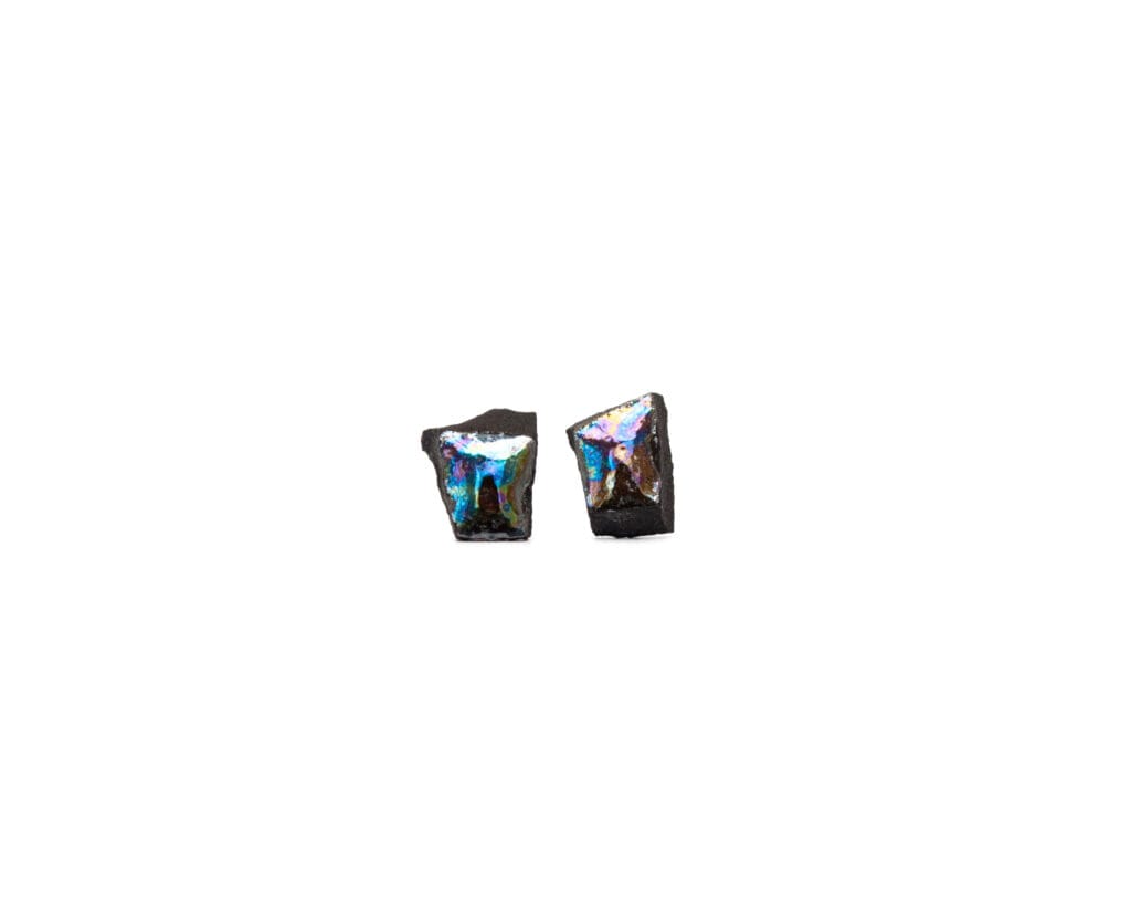 Black Smithereens Small ceramic stud earrings in black porcelain with mother of pearl luster finish, front