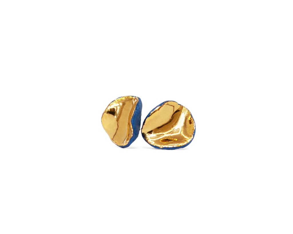 Blue Matter Small blue porcelain earrings with gold luster accent, handmade ceramic jewelry by Clayometry