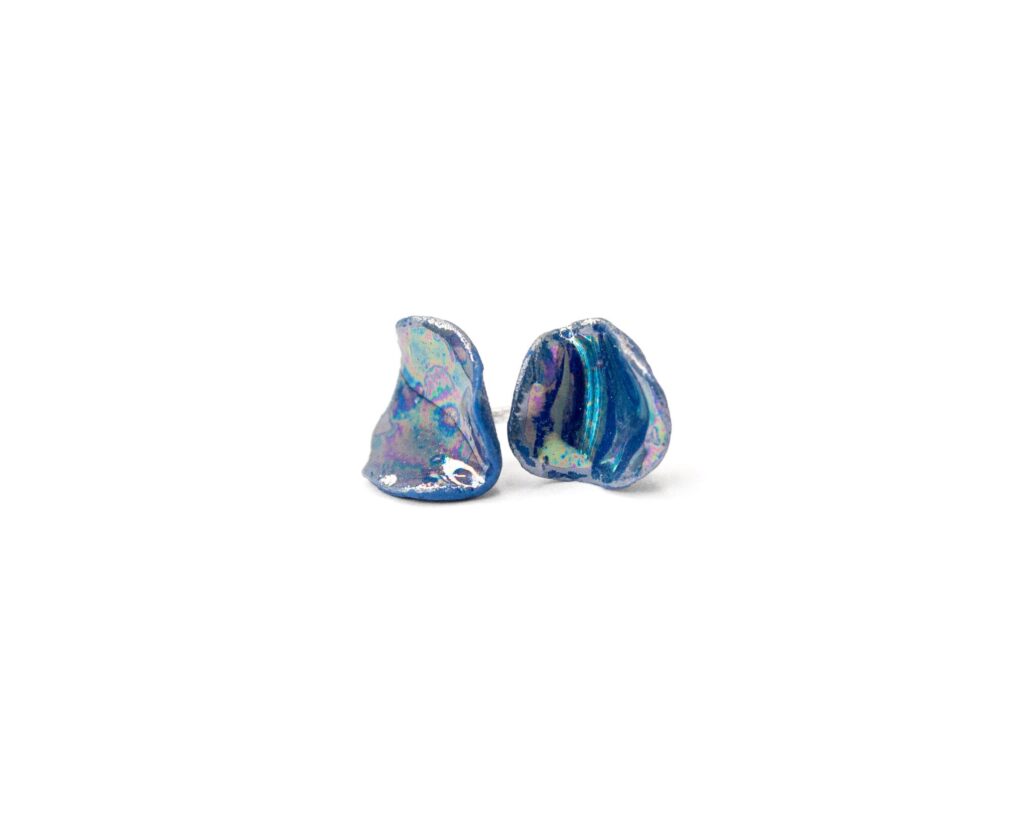 Blue Matter Small blue porcelain earrings with mother of pearl luster, handmade ceramic jewelry by Clayometry