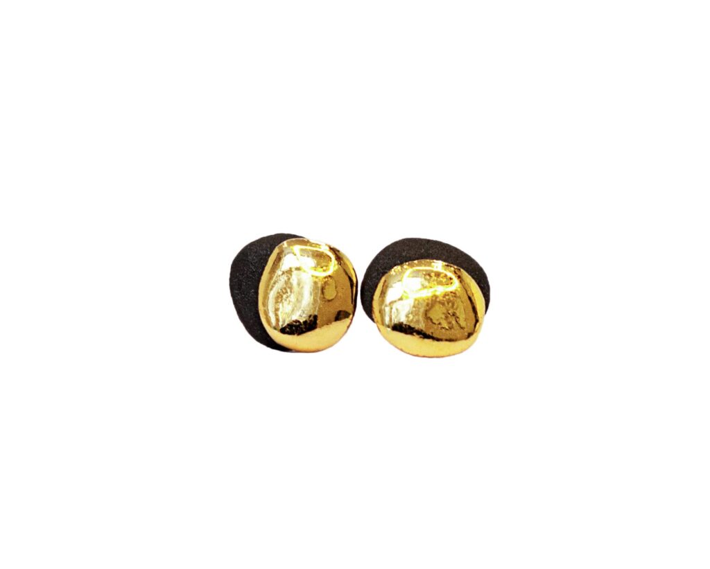 Dual Midi black porcelain earrings with front-view gold lustre, handmade organic design