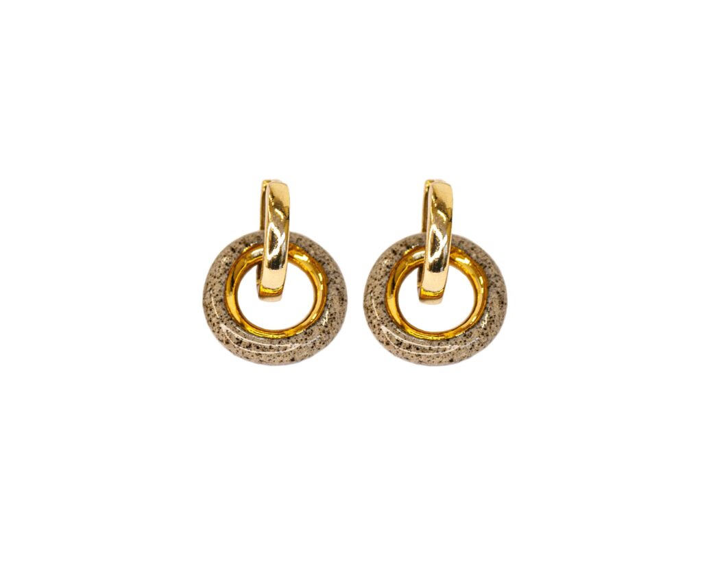 Duo Gold handmade stoneware earrings with gold luster ceramic ring charm and gold-plated sterling silver hoops, modular ceramic jewelry made in Lithuania