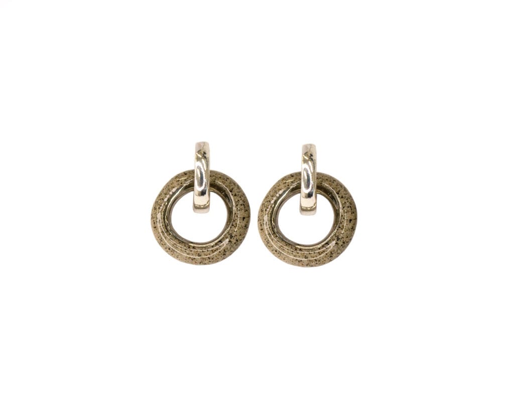Duo Platinum – handmade stoneware charm hoop earrings with removable platinum luster charm and 925 sterling silver hoops