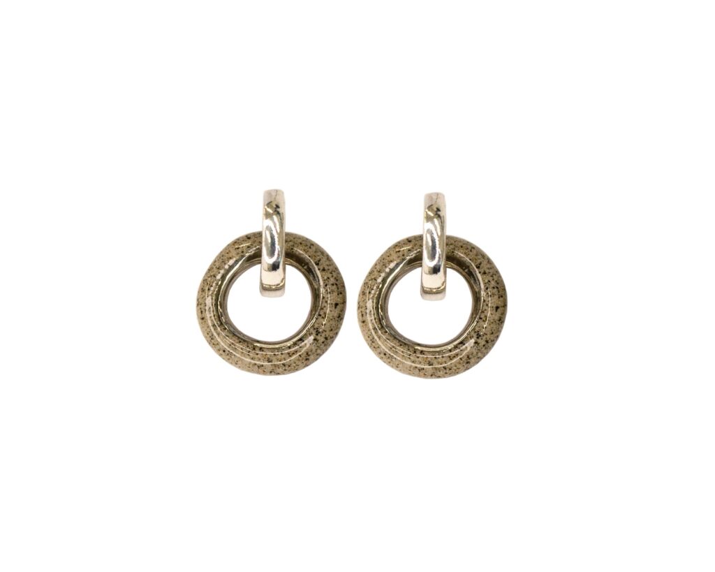 Duo Platinum – handmade stoneware charm hoop earrings with removable platinum luster charm and 925 sterling silver hoops