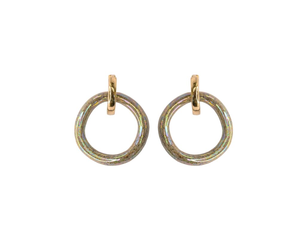 Duo Rainbow Large – handmade stoneware charm hoop earrings with removable mother of pearl luster charm and gold-plated sterling silver hoops