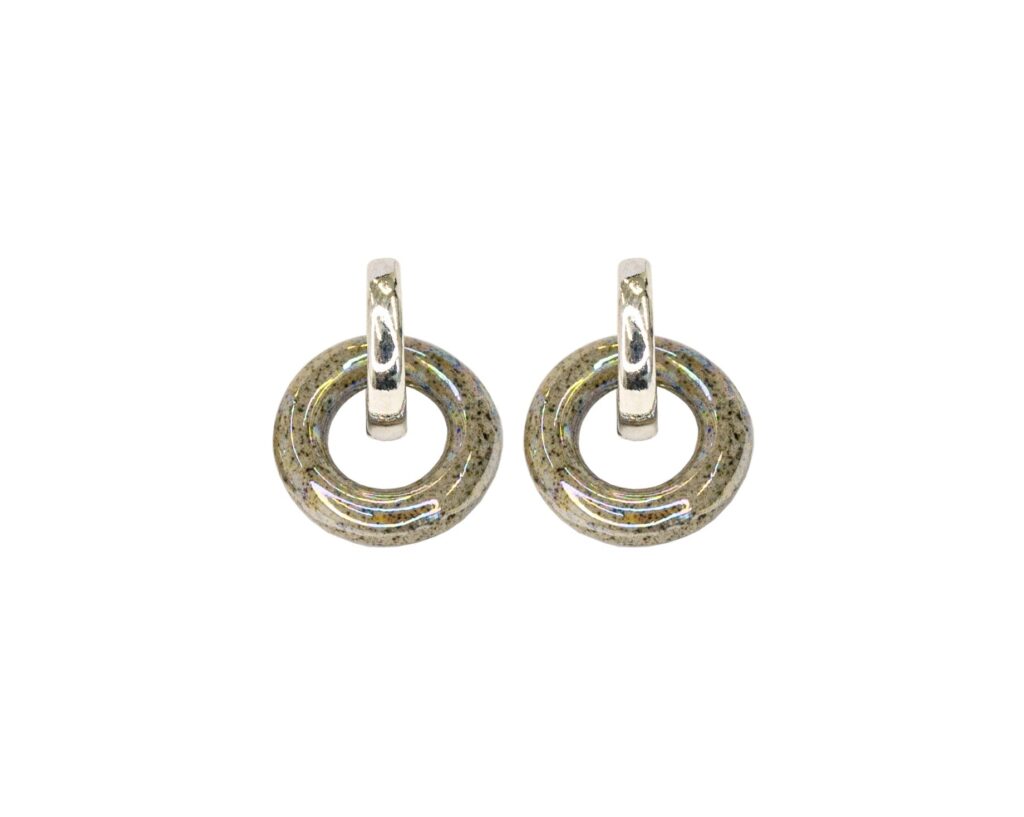 uo Rainbow Small – handmade stoneware charm hoop earrings with removable mother of pearl luster charm and 925 sterling silver hoops