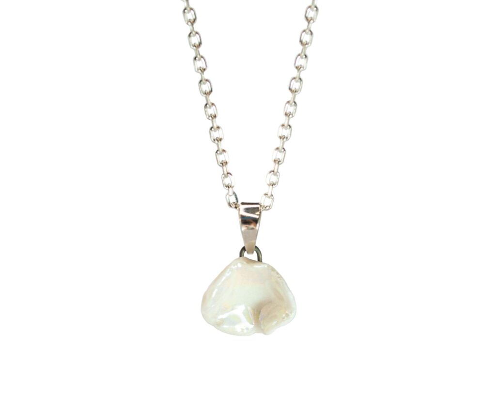 White Matter Small ceramic pendant necklace in white porcelain with mother of pearl luster finish, front view