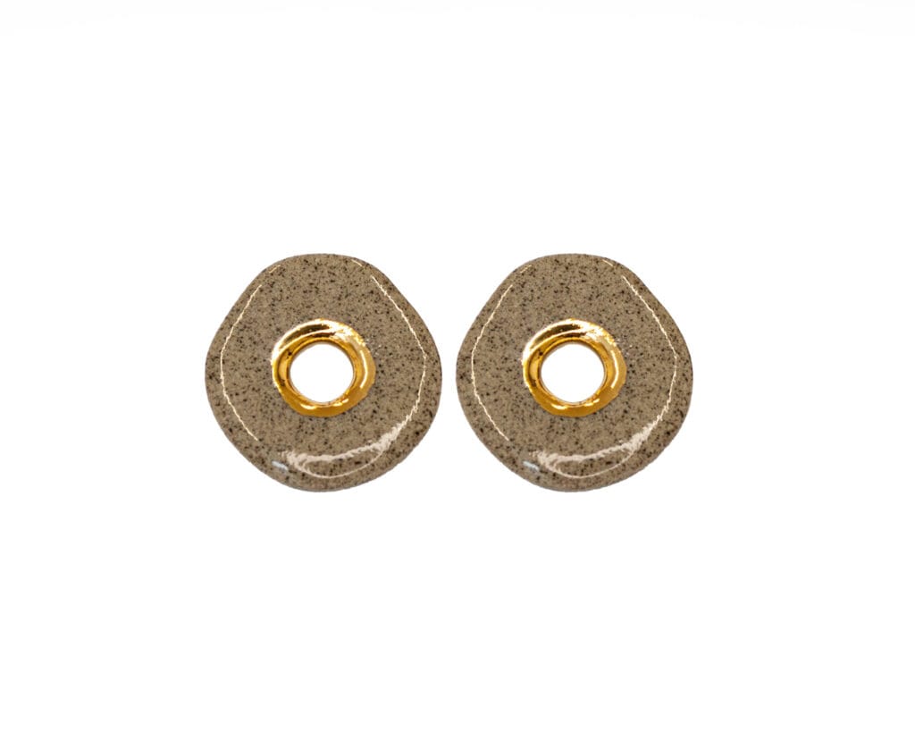 ECLIPSE handmade ceramic stud earrings with gold luster accent, front view 2 nuotrauka
