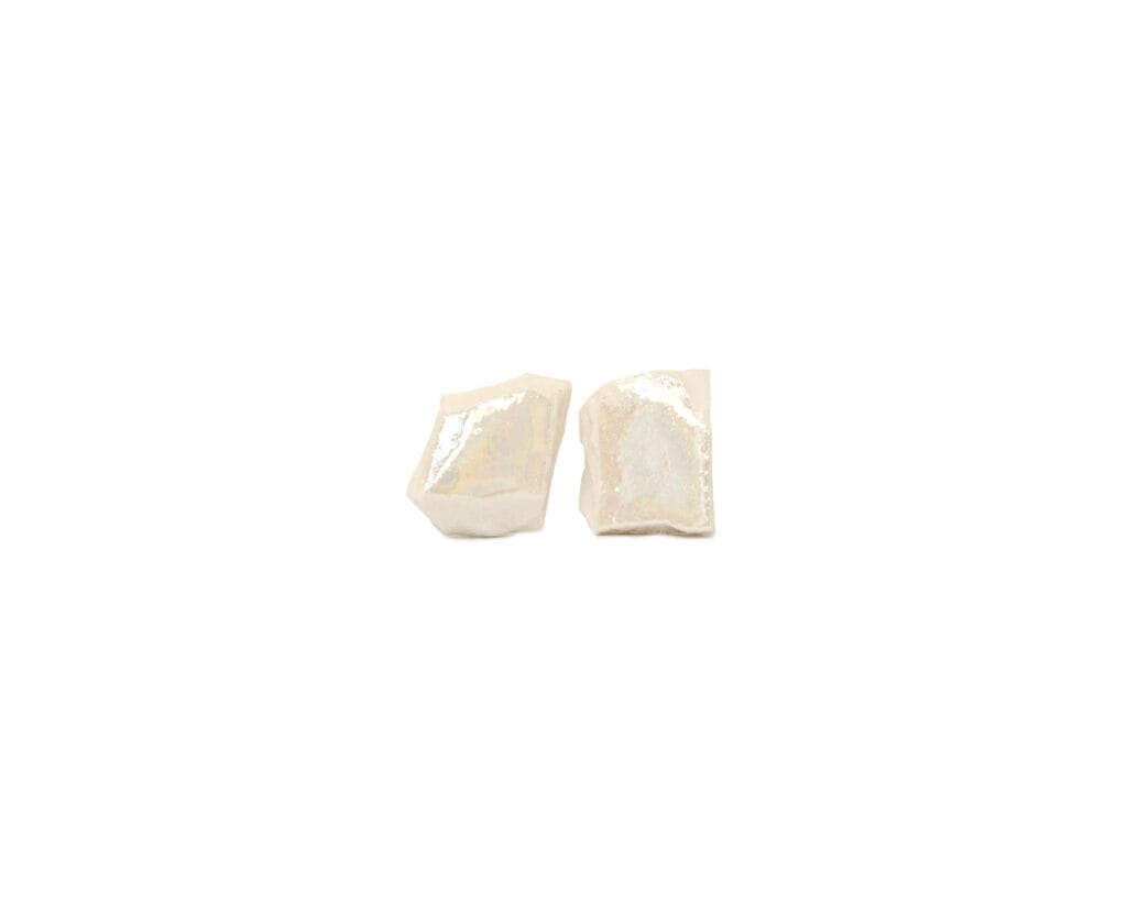 Handmade white porcelain earrings with pearl luster in irregular shard shapes