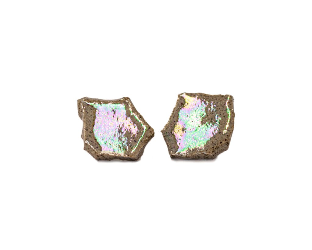 Rainbow Smithereens one-of-a-kind grey stoneware stud earrings with mother of pearl luster, front view